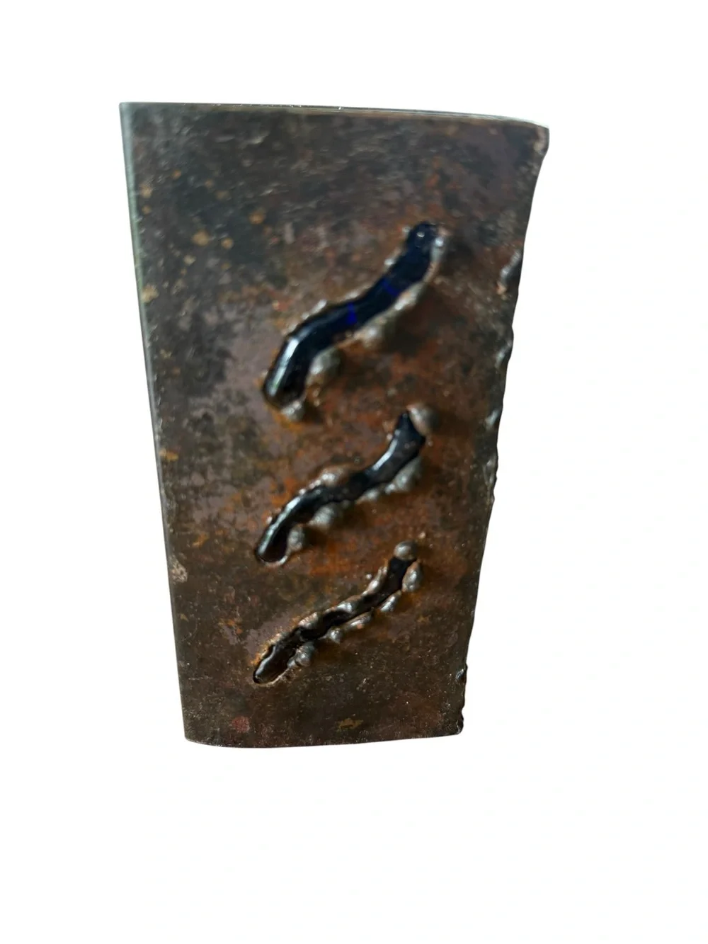 Brutalist Copper With Cobalt Blue Caged Rectangular Vase 1960’s Mid Century